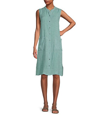 Eileen Fisher Organic Linen Sleeveless Side Slit Button Front Shirt Dress
