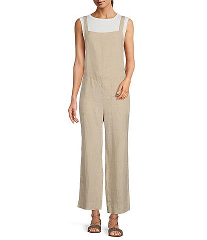 Eileen Fisher Organic Linen Square Neck Sleeveless Pull-On Ankle Jumpsuit