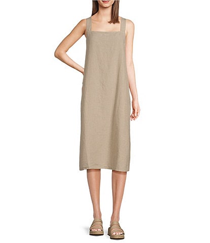 Eileen Fisher Organic Linen Square Neck Sleeveless Smocked Midi Dress