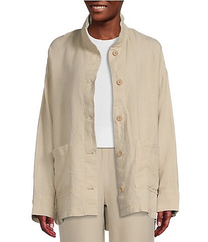 Eileen Fisher Organic Linen Stand Collar Button Front Boxy Jacket