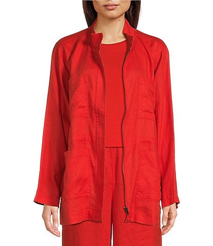 Eileen Fisher Organic Linen Stand Collar Long Sleeve Zip Front Jacket