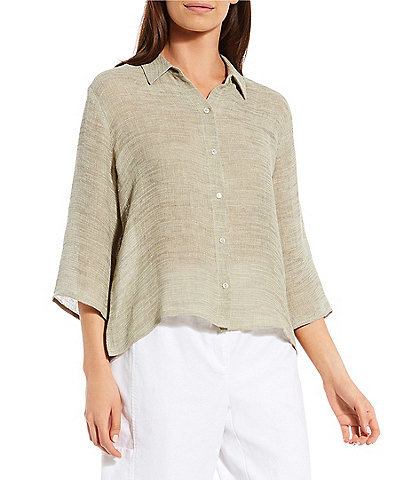 Eileen Fisher Organic Linen Strata Point Collar 3/4 Sleeve Button Front Shirt