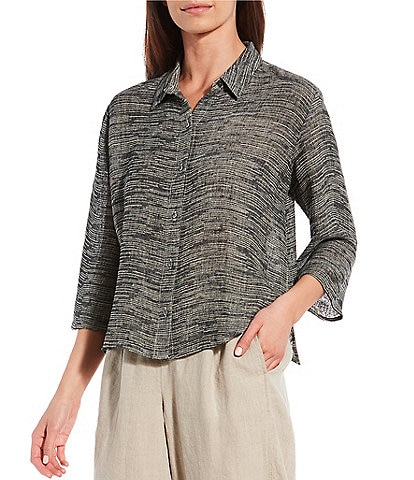 Eileen Fisher Organic Linen Strata Point Collar 3/4 Sleeve Button Front Shirt