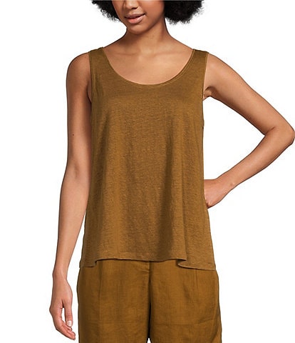 Eileen Fisher Organic Linen Stretch Jersey Knit Scoop Neck Sleeveless Relaxed Fit Tank