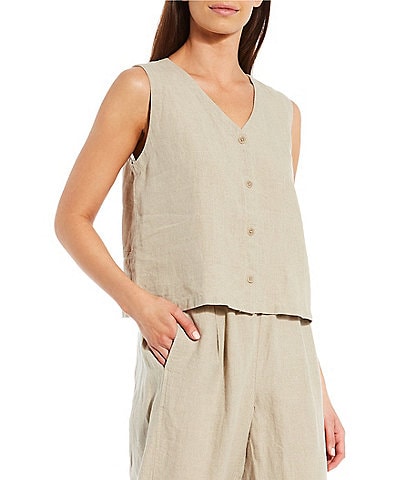 Eileen Fisher Organic Linen V-Neck Sleeveless Button Front Vest
