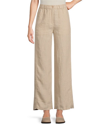 Eileen Fisher Organic Linen Elastic Waist Relaxed Wide-Leg Pocketed Ankle Pants