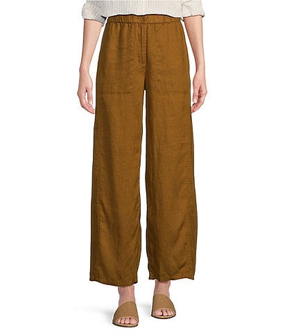 Eileen Fisher Organic Linen Elastic Waist Relaxed Wide-Leg Pocketed Ankle Pants