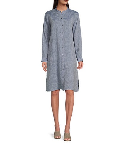 Eileen Fisher Organic Linen Yarn-Dyed Mandarin Collar Long Sleeve Button-Front Shirt Dress