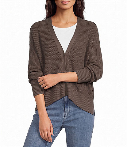 Eileen Fisher Peruvian Cotton-Blend V-Neck Long Sleeve Button-Front Cardigan