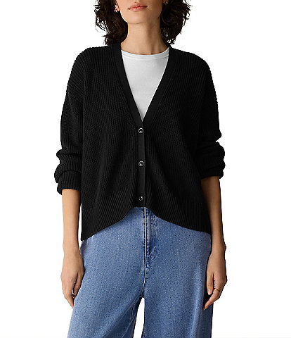 Eileen Fisher Peruvian Cotton-Blend V-Neck Long Sleeve Button-Front Cardigan