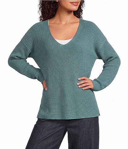Eileen Fisher Peruvian Cotton-Blend V-Neck Long Sleeve Sweater
