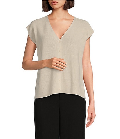 Eileen Fisher Peruvian Organic Cotton Crepe V-Neck Cap Sleeve Button-Front Boxy Sweater