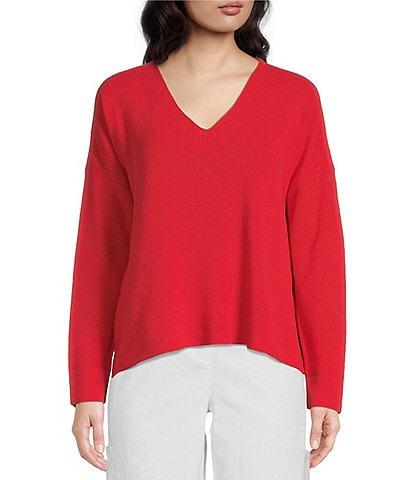 Eileen Fisher Peruvian Organic Cotton Crepe V-Neck Long Sleeve Sweater