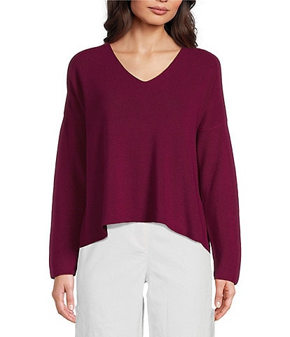 Eileen Fisher Peruvian Organic Cotton Crepe V-Neck Long Sleeve Sweater