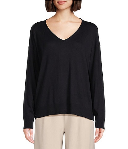 Eileen Fisher Peruvian Organic Cotton V-Neck Long Sleeve Boxy Sweater