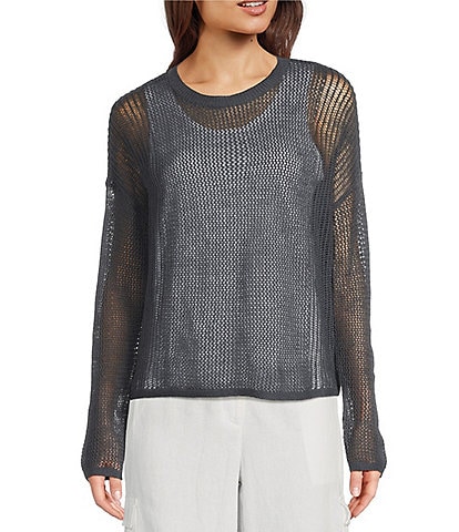 Eileen Fisher Petite Organic Linen Cotton Knit Crew Neck Long Sleeve Sweater