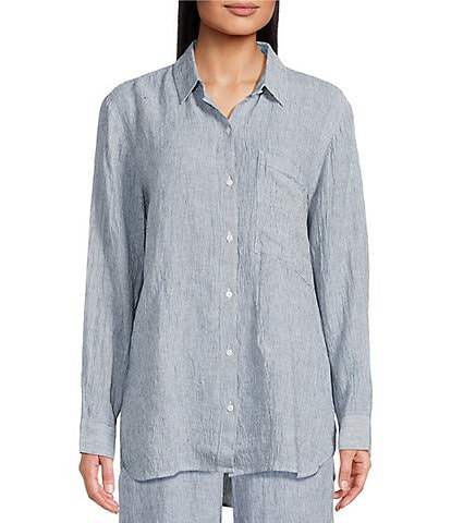 Eileen Fisher Petite Puckered Organic Linen Point Collar Long Sleeve Shirt