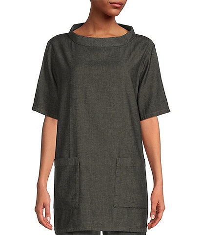 Eileen Fisher Petite Size Airy Organic Cotton Twill Wide Funnel Neck 3/4 Sleeve Coordinating Side Slit Tunic