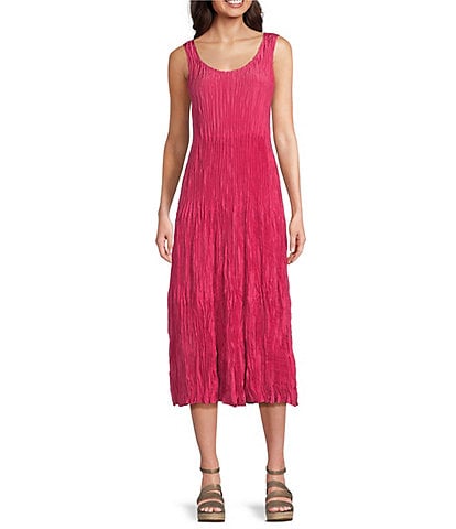 Eileen Fisher Petite Size Crinkle Silk Scoop Neck Sleeveless A-Line Tiered Midi Dress