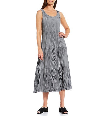 Eileen Fisher Petite Size Crinkle Silk Scoop Neck Sleeveless A-Line Tiered Midi Dress