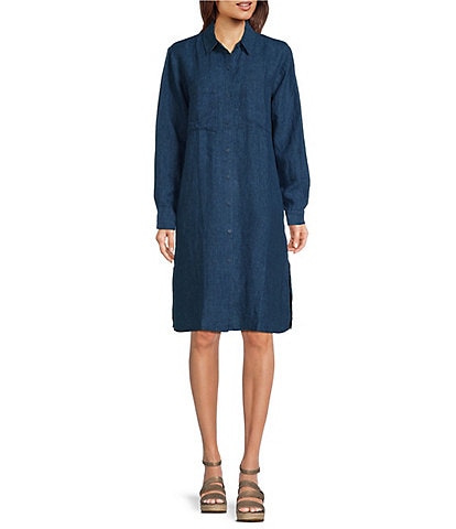 Eileen Fisher Petite Size Delave Organic Linen Point Collar Long Sleeve Button Front Shirt Dress