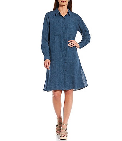 Eileen Fisher Petite Size Delave Organic Linen Point Collar Long Sleeve Button Front Shirt Dress