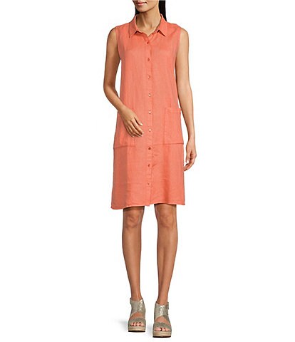Eileen Fisher Petite Size Garment Dyed Organic Linen Point Collar Sleeveless Side Slit Button-Front Shirt Dress