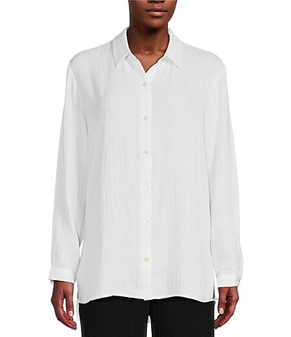 Eileen Fisher Petite Size Organic Cotton Gauze Point Collar Long Sleeve High-Low Hem Button Front Shirt
