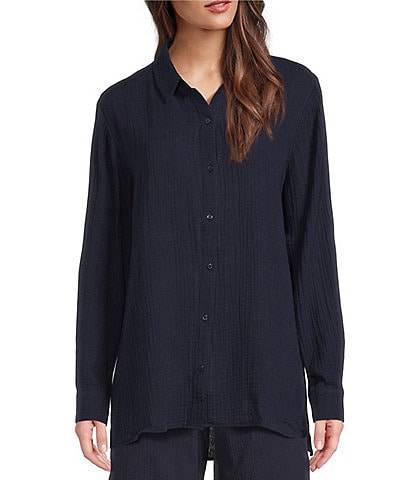 Eileen Fisher Petite Size Organic Cotton Gauze Point Collar Long Sleeve Top