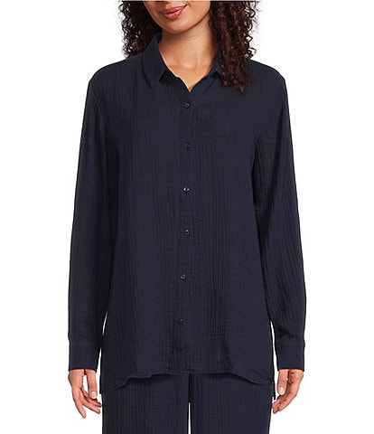 Eileen Fisher Petite Size Organic Cotton Gauze Point Collar Long Sleeve Top