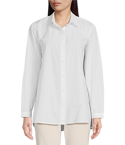 Eileen Fisher Petite Size Organic Cotton Poplin Point Collar Long Sleeve High-Low Hem Button-Front Shirt