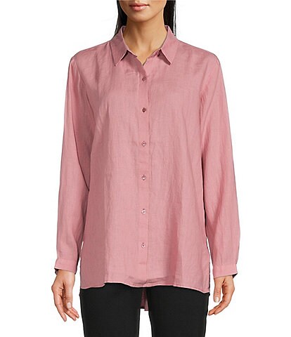 Eileen Fisher Petite Size Organic Handkerchief Linen Point Collar Long Sleeve High-Low Hem Button Front Shirt