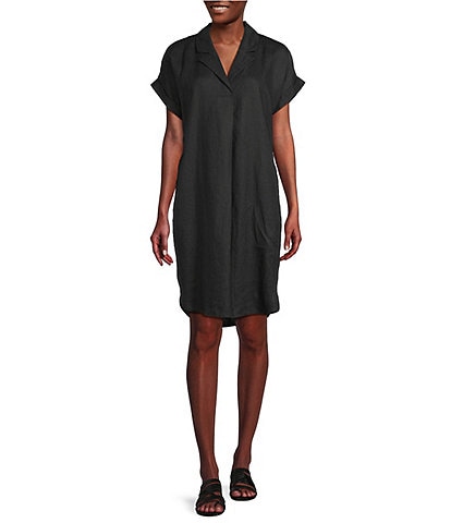 Eileen Fisher Petite Size Organic Linen Notch Collar V-Neck Cap Sleeve Shirt Dress