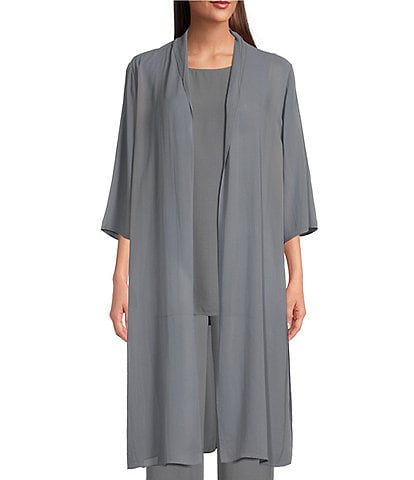 Eileen Fisher Petite Size Sheer Silk Georgette 3/4 Sleeves Side Slit Open Front Jacket