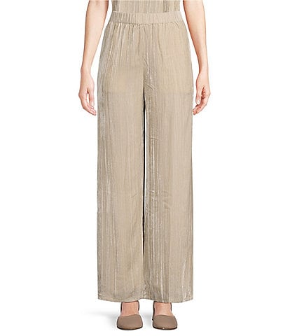 Eileen Fisher Petite Size Shimmering Velvet Crushed Texture Wide-Leg Pull-On Coordinating Pants