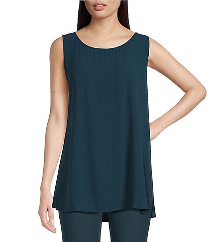 Eileen Fisher Petite Size Silk Georgette Crepe Boat Neck Sleeveless Tunic