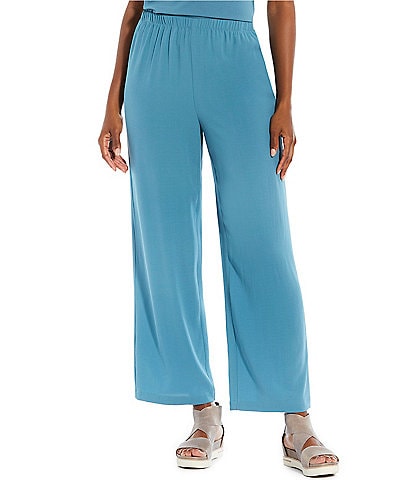Eileen Fisher Petite Size Silk Georgette Crepe Elastic Waisted Wide-Leg Pull-On Ankle Pants