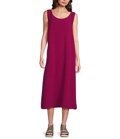 Eileen Fisher Petite Size Silk Georgette Crepe Scoop Neck Sleeveless Pocketed Shift Midi Dress