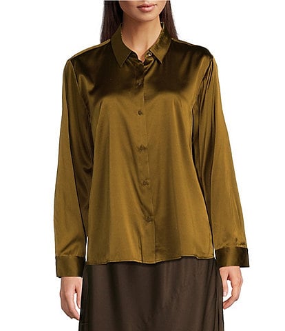 Eileen Fisher Petite Size Stretch Silk Charmeuse Point Collar Long Sleeve Button Front Shirt