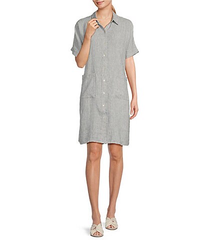 Eileen Fisher Petite Size Striped Crinkle Organic Linen Point Collar Short Sleeve Hidden Front Button Shirt Dress