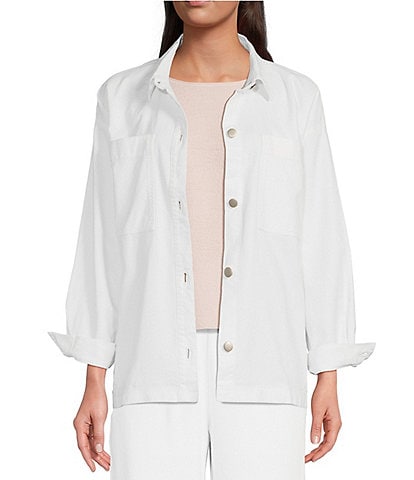 Eileen Fisher Petite Size Textured Organic Cotton Point Collar Long Sleeve Button-Front Boxy Jacket