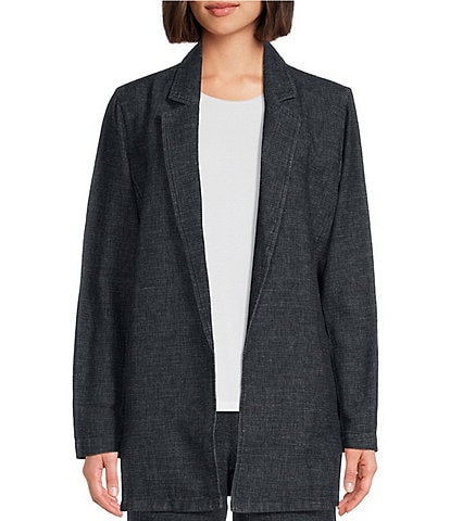 Eileen Fisher Petite Size Tweedy Hemp Organic Cotton Notch Lapel Collar Long Sleeve Open-Front Long Blazer