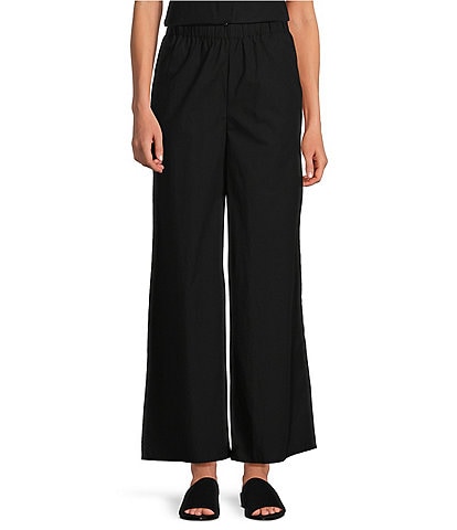 Eileen Fisher Petite Size Washed Organic Cotton Poplin Wide-Leg Pull-On Ankle Pants