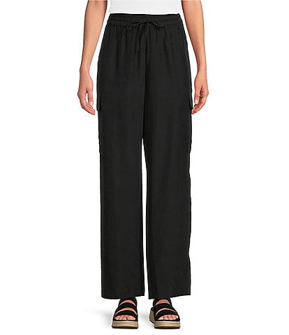 Eileen Fisher Petite Size Washed Silk Straight-Leg Pull-On Cargo Pocket Pants