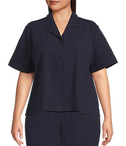 Eileen Fisher Plus Crinkled Organic Cotton Notch Collar Short Sleeve Top