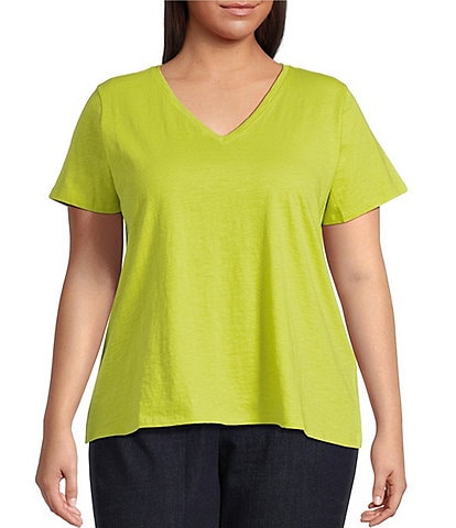 Eileen Fisher Plus Easy Organic Cotton Jersey Knit V-Neck Short Sleeve Tee