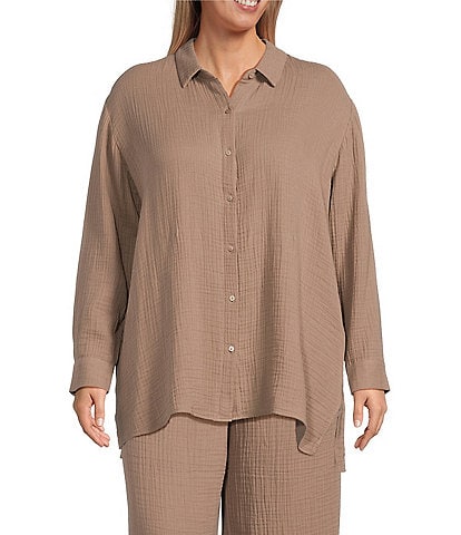 Eileen Fisher Plus Organic Cotton Gauze Point Collar Long Sleeve Top