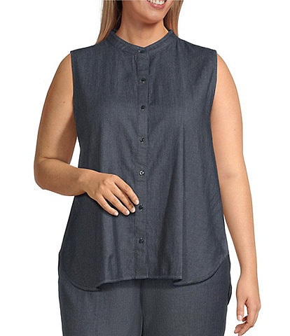 Eileen Fisher Plus Organic Cotton Twill Mandarin Collar Sleeveless Top