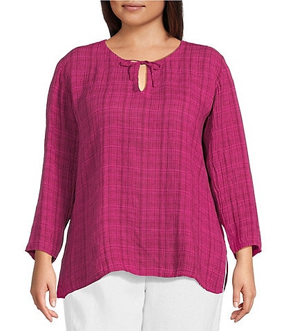 Eileen Fisher Plus Organic Linen Split Round Neck Bracelet Sleeve Top