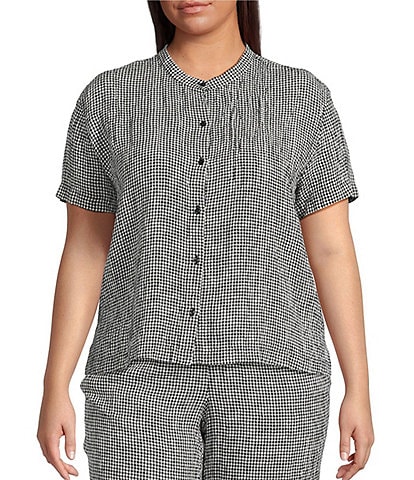 Eileen Fisher Plus Puckered Organic Linen Gingham Mandarin Collar Short Sleeve Coordinating Top